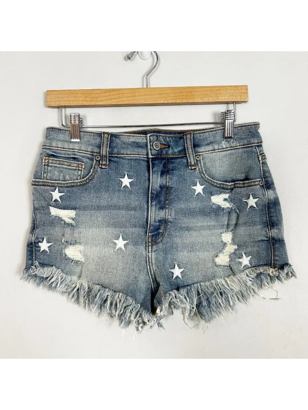 Eunina Blue Denim Cutoff Shorts with Embroidered Stars Summer Size Medium Women'